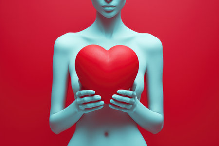 An abstract figure with a turquoise tint holding a vibrant red heart against a contrasting red background, evoking love and emotion.の素材