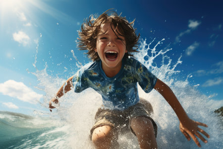 Joyful child with tousled hair laughing heartily while playing in the sparkling ocean waves under a clear blue sky.の素材