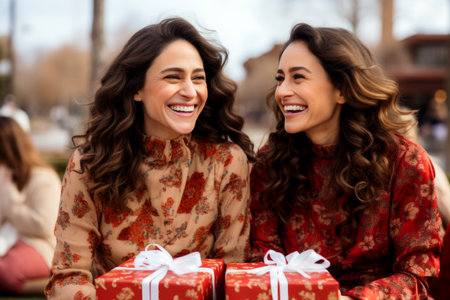 A beautiful young woman holds a surprise gift during a festive Christmas celebration with friends and family. Her attractive appearance and the joy of giving create a positive and heartwarming atmosphereの素材