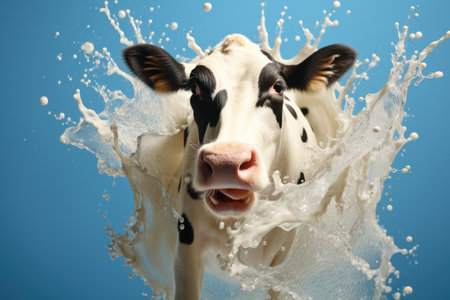 Milk-soaked airborne cow: Surreal image of a cow in flight against a blue backgroundの素材