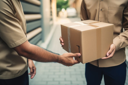 Handing Over a Cardboard Box in Urban Surroundingsの素材