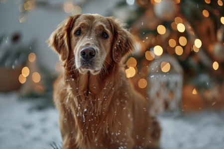 A Golden Retriever with a soulful gaze stands amidst gently falling snow, with the warm bokeh of Christmas lights behind it.の素材