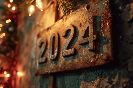 Festive New Year 2024 Sign Illuminated in Warm Marquee Lightsの素材