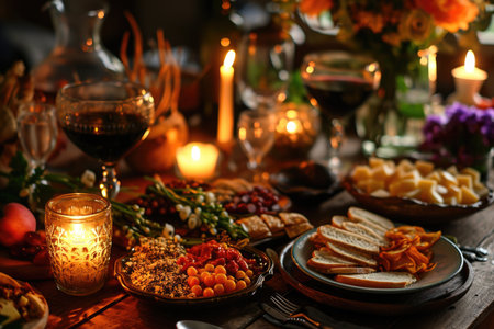 A joyous Purim celebration is captured in this image, featuring a table laden with traditional foods and wine, with candles casting a soft, inviting glow over the festive spreadの素材
