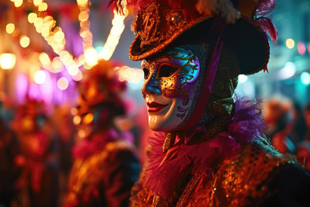 world of revelry with a vibrant Purim carnival, where participants showcase extravagant costumes and colorful masks, all set glow by the evening lights that infuse the scene with festivityの素材