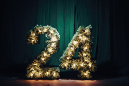 A glowing number 24 crafted from Christmas trees, illuminated by twinkling lights, capturing the festive spiritの素材
