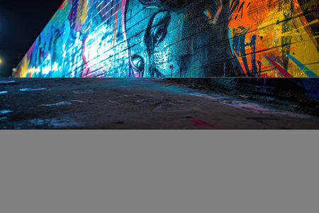 An individual sits thoughtfully in front of a colorful street art mural at night, highlighting urban culture and creativity.の素材