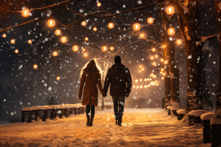 A romantic scene unfolds as a couple strolls hand in hand through a snowy park, leaving footprints of love in the fresh snowの素材