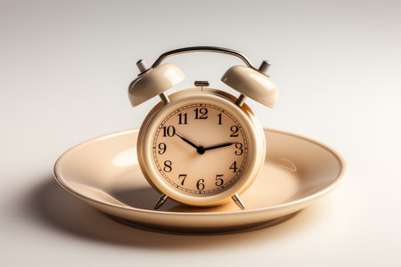 Fasting time management concept: alarm clock on a plateの素材