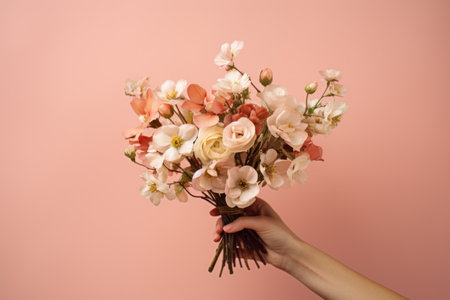 Delicate woman's hand with a bunch of fresh spring flora, peach hueの素材