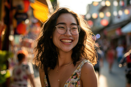 A young lady glowing with happiness while navigating a busy city streetの素材