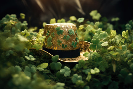 Adorned with charming clover leaves, a leprechaun hat becomes a festive masterpiece, symbolizing the jubilant spirit and cultural richness of St. Patrick's Day in a delightful displayの素材
