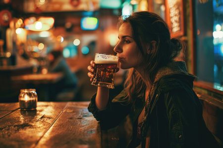 A smiling young lady savoring a pint of beer in a warm, ambient-lit bar with a bokeh background.の素材