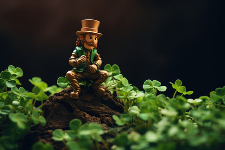 A leprechaun sits serenely on a stump, framed by a lush backdrop of clovers, immersing the scene in the magical ambiance of St. Patrick's Dayの素材