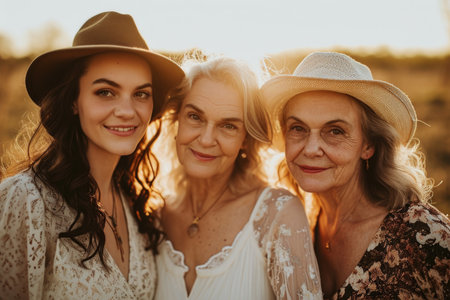 A heartwarming multi-generational family portrait featuring grandmother, mother, and daughter, celebrating the enduring love across generationsの素材