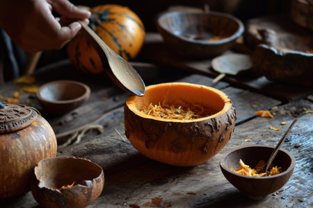 Skillfully crafting a "kalabash tea cup" from a dried gourd, showcasing the traditional artistry and utility of the processの素材
