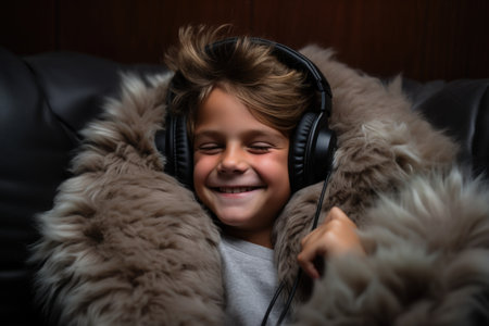 A close-up captures the joyous expression of a smiling boy on the sofa, immersed in music with headphones, radiating happiness and relaxation in a familiar and cozy environmentの素材
