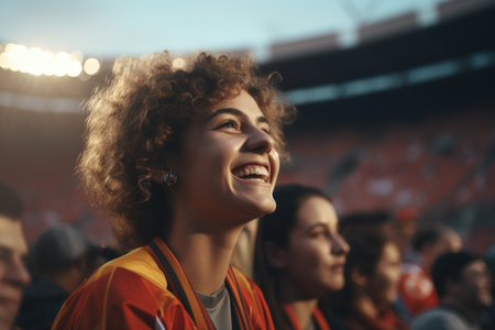 A vivacious woman fan, short hair framing her face, displays unfiltered joy and excitement, fervently cheering and waving a fan during the stadium matchの素材