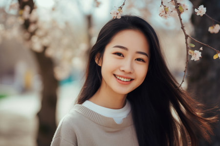 Enchanting image capturing the captivating allure of cherry blossoms as a young Japanese woman delights in their presenceの素材