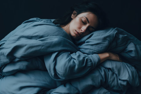 Monday's muted reflection: A subdued reflection of Blue Monday's melancholy, capturing a woman lost in thought while embracing a pillow in subtle blue reflectionsの素材