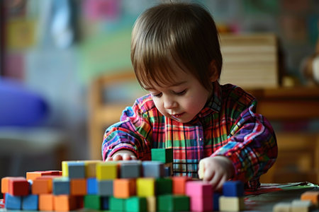 Cheerful young child engaged in play with vibrant multicolored blocks on a bright day indoors.の素材