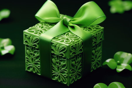A charming gift adorned with vibrant green ribbons and golden clover accents, radiating the festive spirit of St. Patrick's Day with a touch of Irish charmの素材