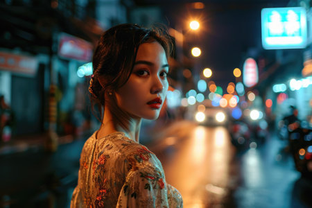 A sophisticated Thai woman in elegant attire, strolling along a city street at night, embracing the urban nightlifeの素材