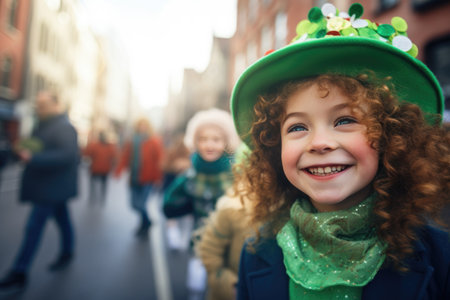 A smiling young girl radiates joy on the city street, adorned in a hat and leprechaun clothes for St. Patrick's Day, creating a delightful and festive ambiance with her cheerful presenceの素材