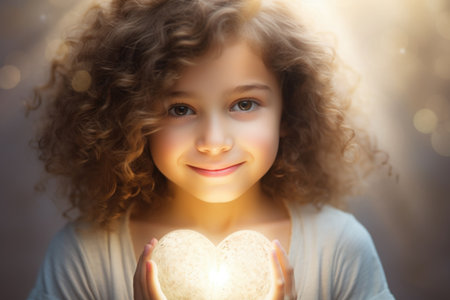 Heartwarming scene: a child holds a radiant red heart, surrounded by a gentle, luminous white auraの素材