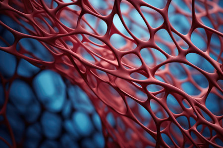 lines and shapes mimic cellular arrangements, bathed in a warm and evocative spectrum of red and blueの素材