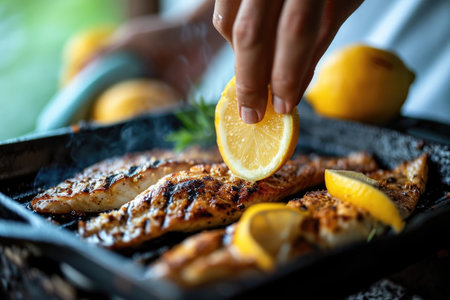 Lemon Squeeze on Grilled Fish: Enhancing grilled fish with a fresh lemon squeeze in a kitchen backdropの素材