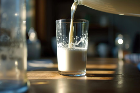 The Flow of Milk: An engaging close-up view of milk being poured from a clear glass jug into a drinking glass, with the milk caught in mid-action, splashing as it meets the bottom of the glassの素材