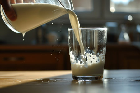 Milk in Motion: An intriguing close-up of milk in motion, as it pours from a clear glass jug into a drinking glass, captured at the moment of impact when it splashes against the glass's bottomの素材