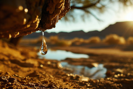 A solitary water droplet against the backdrop of a desert, symbolizing the concept of thirst and dehydrationの素材