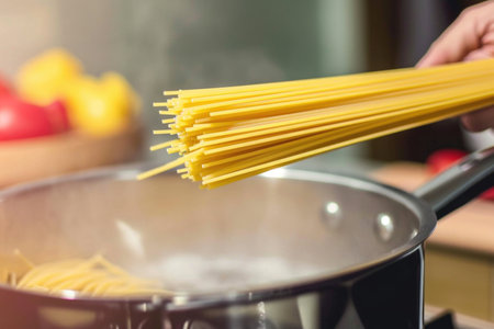 Cooking Spaghetti: A hand lowering uncooked pasta into a pot of boiling waterの素材