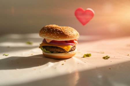 Delicious cheeseburger with lettuce and tomato basked in golden sunlight, featuring a floating heart emoji expressing love for food.の素材
