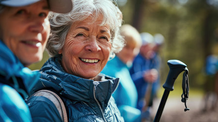 A portrait of a joyful elderly woman, smiling, engaged in Nordic walking in a spring park, showing the benefits of physical activityの素材
