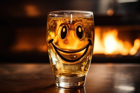 A joyful glass with a golden drink, smiling in front of a fireplace's warmth.の素材