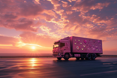A pink truck adorned with hearts parked on a scenic road against a vivid sunset backdrop, conveying a whimsical journey.の素材