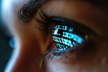 Human Eye Overlaid with Glowing Binary Numbers: Insight into AI.の素材