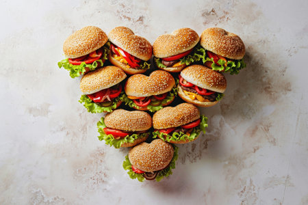 Heart-shaped hamburgers creatively arranged on a light background, adding a touch of culinary loveの素材