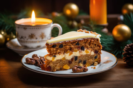 Relaxing tea time ambiance with a slice of Simnel cake plated, and a cup of tea ready to sipの素材