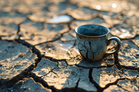 Thirsty concept: A glass of water on parched, cracked earthの素材