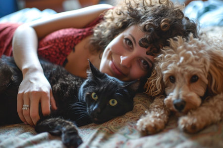 Heartwarming bond: A woman in a red top smiles while cradling a black cat in her left hand and snuggled by a curly-haired dog on her rightの素材