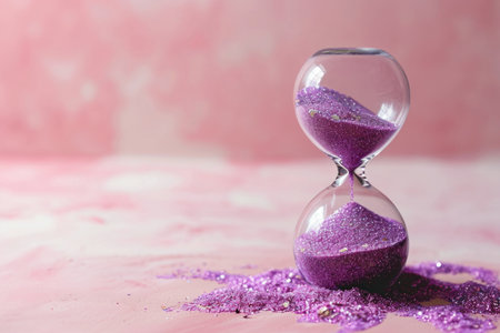 A vivid representation of time's passage: purple sand in an hourglass on a pink backgroundの素材