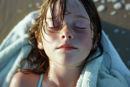 A carefree day by the sea: a content young girl in a blue swimsuit and towel, eyes peacefully closedの素材