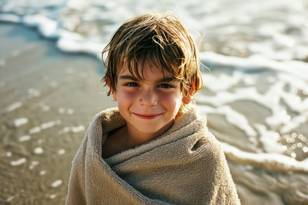 An oceanic backdrop frames a young boy in a beige towel, playfully winking and sporting a cheerful grin.の素材