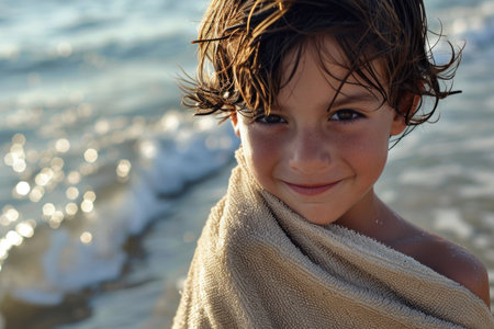 A playful young boy at the beach, wrapped in a beige towel, winking and grinning mischievouslyの素材