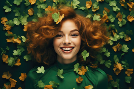 Dressed as a leprechaun, a woman enjoys a carefree moment in a field of clover, blending festive delight with the natural beauty of St. Patrick's Day in a cheerful, green landscapeの素材