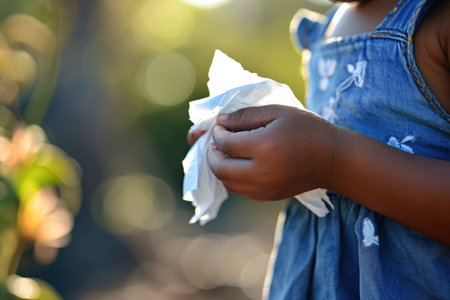 Close-up of a child's hands grasping a white tissue, dressed in a blue top and denim shorts. The blurred background hints at an outdoor environmentの素材